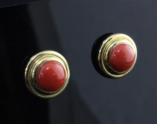 A modern pair of 18ct gold and coral bead earrings, 14mm.